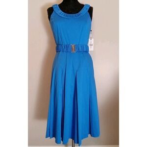 calvin klein Women Blue Ruched Neck Fit‎ Flare Sleeveless Belted Dress Size 6